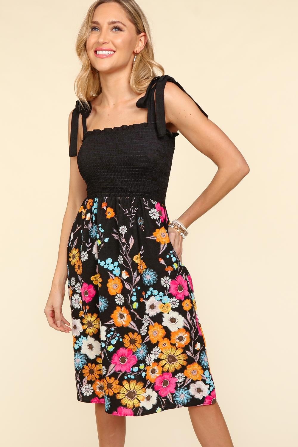 HapticsSmocked Floral Midi Cami Dress in Black