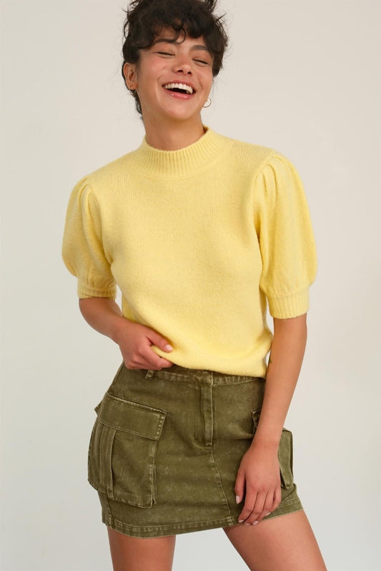 HYFVEMock Neck Puff Sleeve Sweater in Creamy Yellow