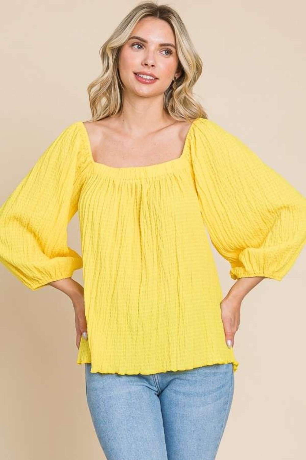 Culture CodeTextured Square Neck Puff Sleeve Top in Lemonade