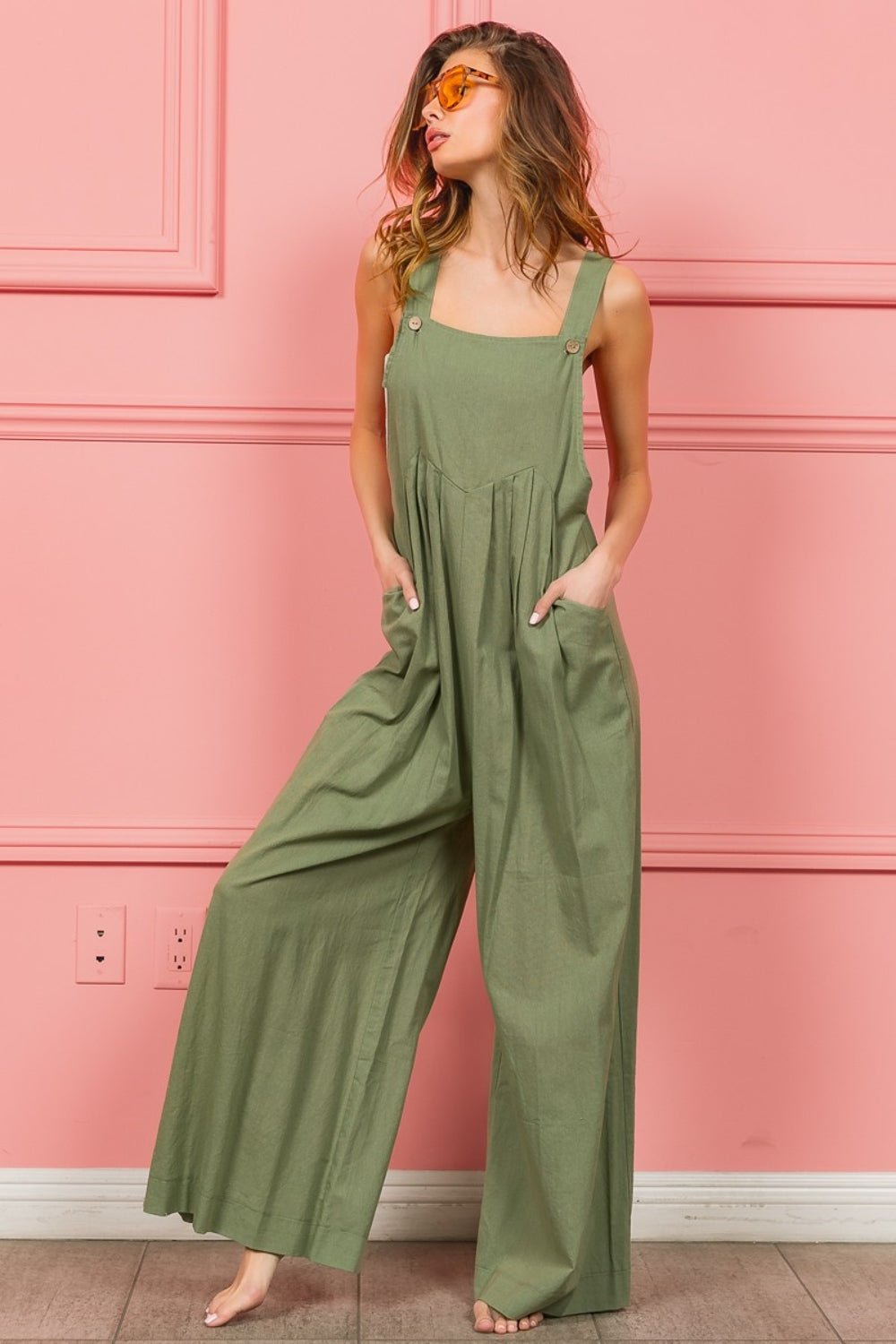 BiBiCotton & Linen Wide Leg Overalls in Dust Sage