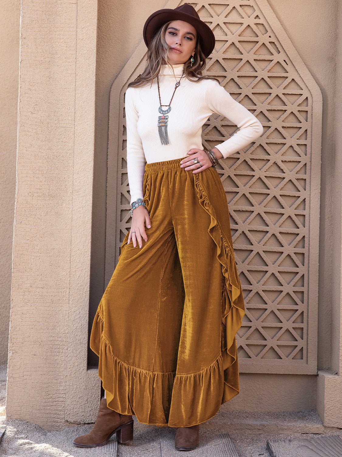 Beach Rose Co.High Side Slit Ruffled Wide Leg Velvet Pants