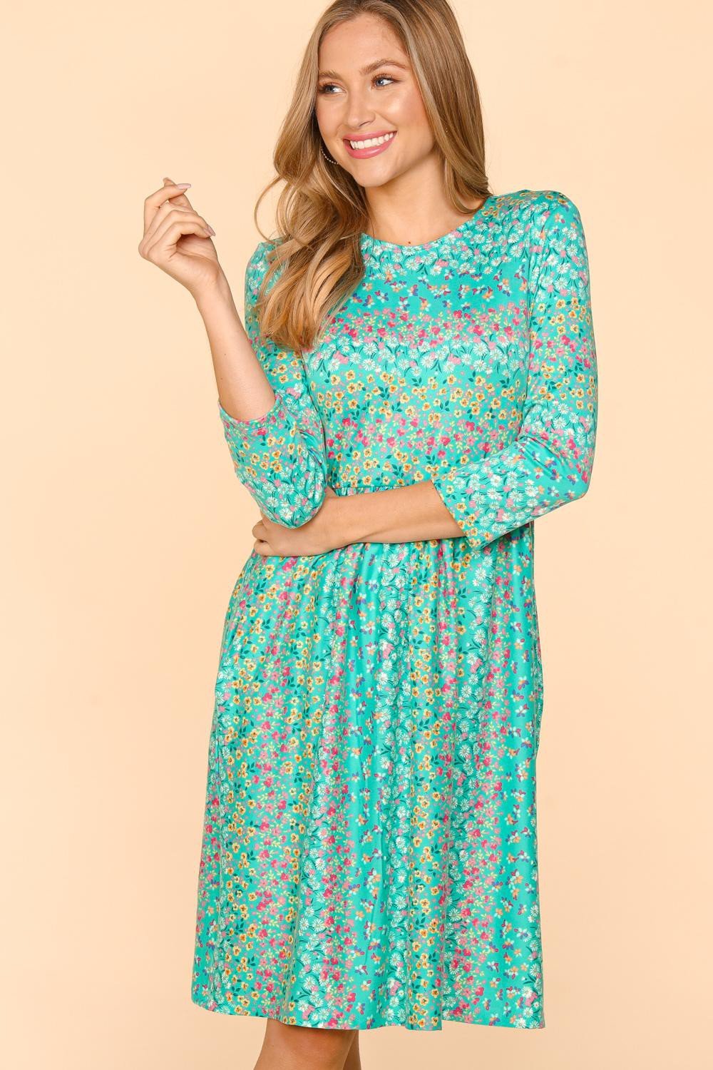 HapticsThree - Quarter Sleeve Floral Midi Dress with Pockets in Mint