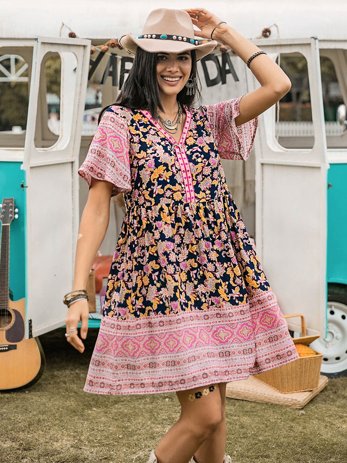 Beach Rose Co.Floral Print V - Neck Short Sleeve Mini Dress in Blush Pink