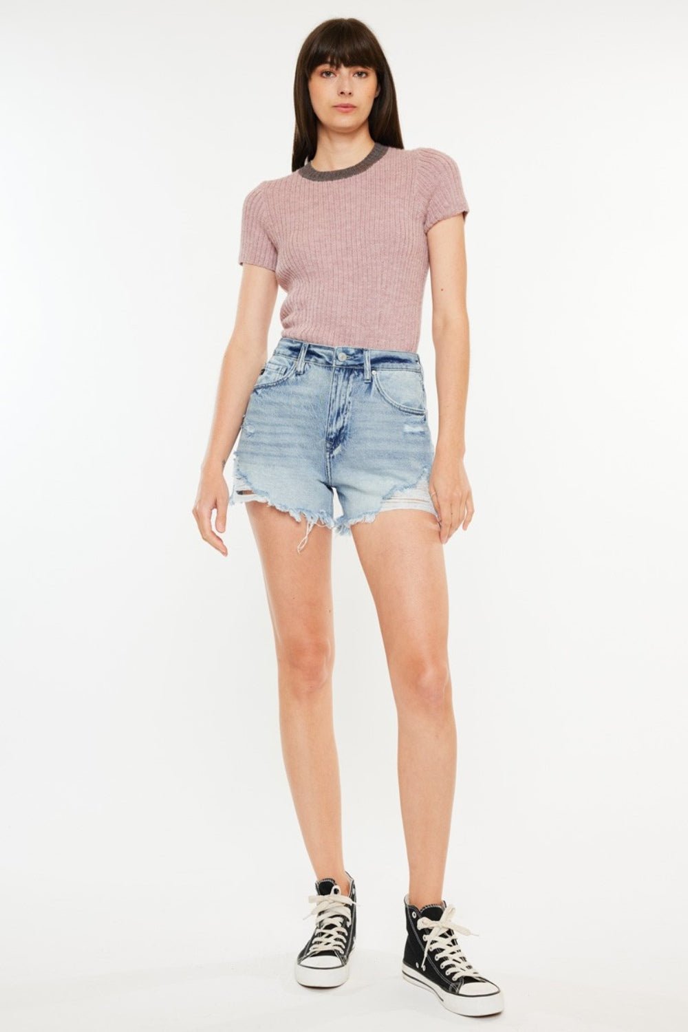 KancanMedium Wash Distressed High Waist Denim Shorts