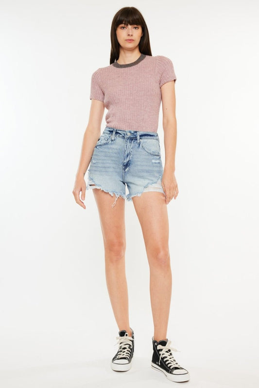 KancanMedium Wash Distressed High Waist Denim Shorts