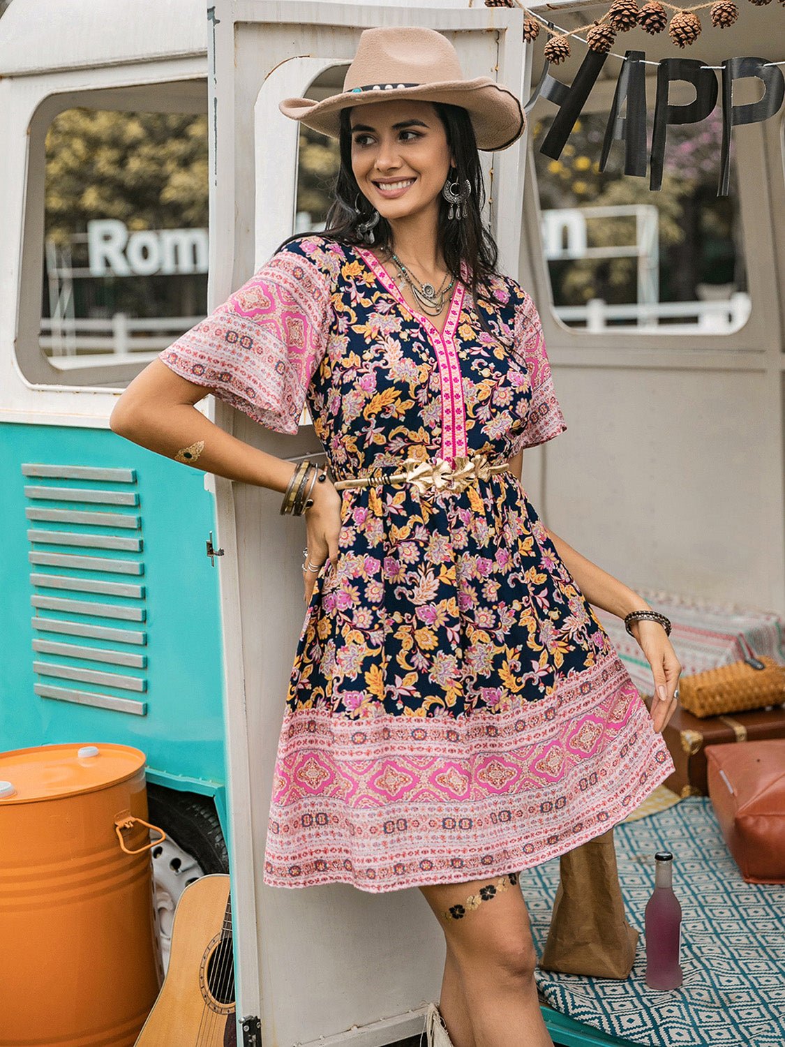 Beach Rose Co.Floral Print V - Neck Short Sleeve Mini Dress in Blush Pink