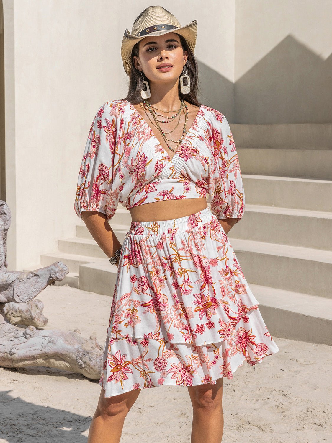 Beach Rose Co.Floral Print Crop Top and Mini Skirt Set in Blush Pink