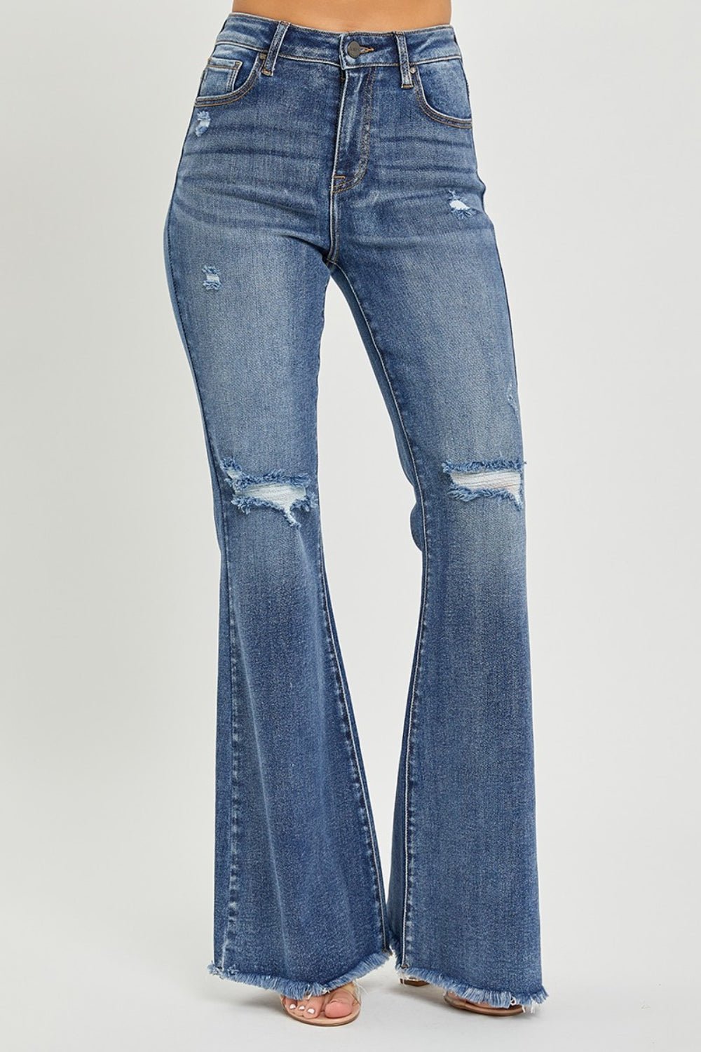 RISENMedium Wash High Waist Distressed Flare Jeans