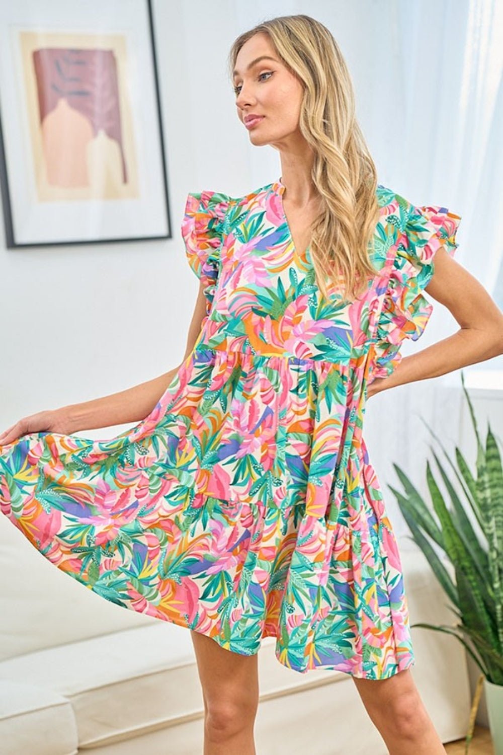 First LoveMulticolor Print Ruffled Cap Sleeve Mini Dress