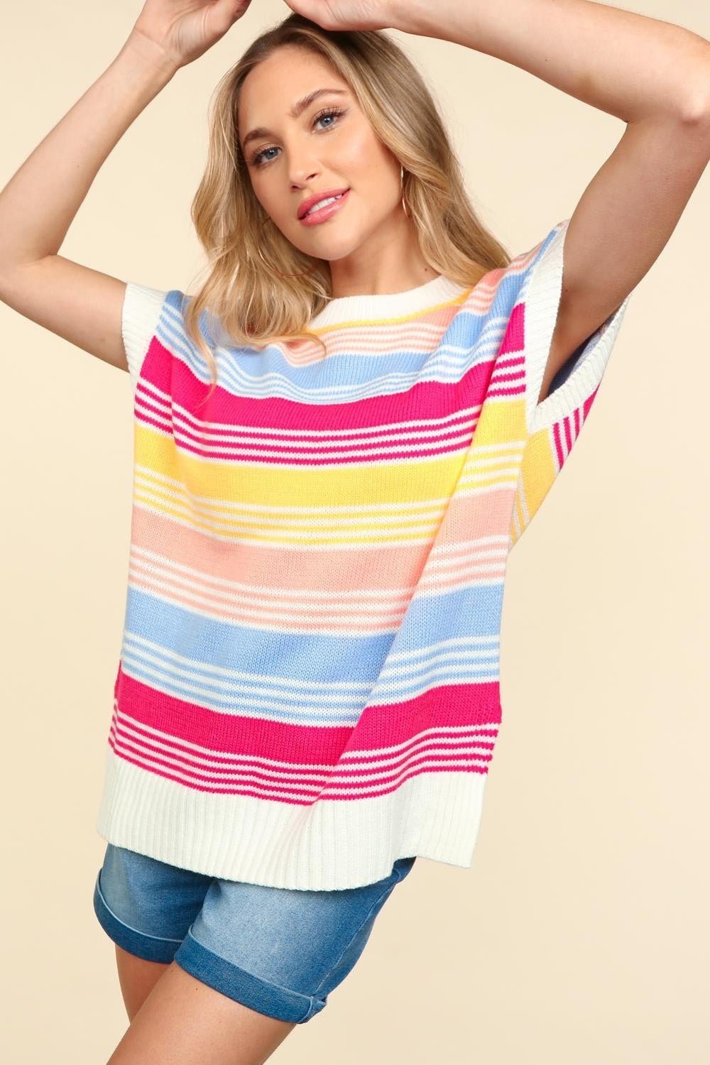 HapticsStriped Short Sleeve Knit Tunic Top in Blue Fuchsia