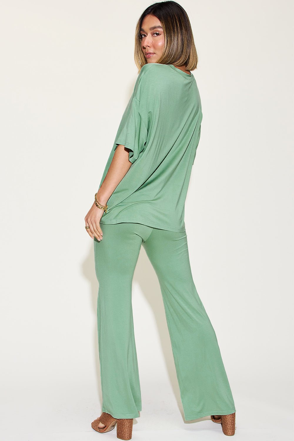 Basic BaeDrop Shoulder T - Shirt and Flare Pants Set