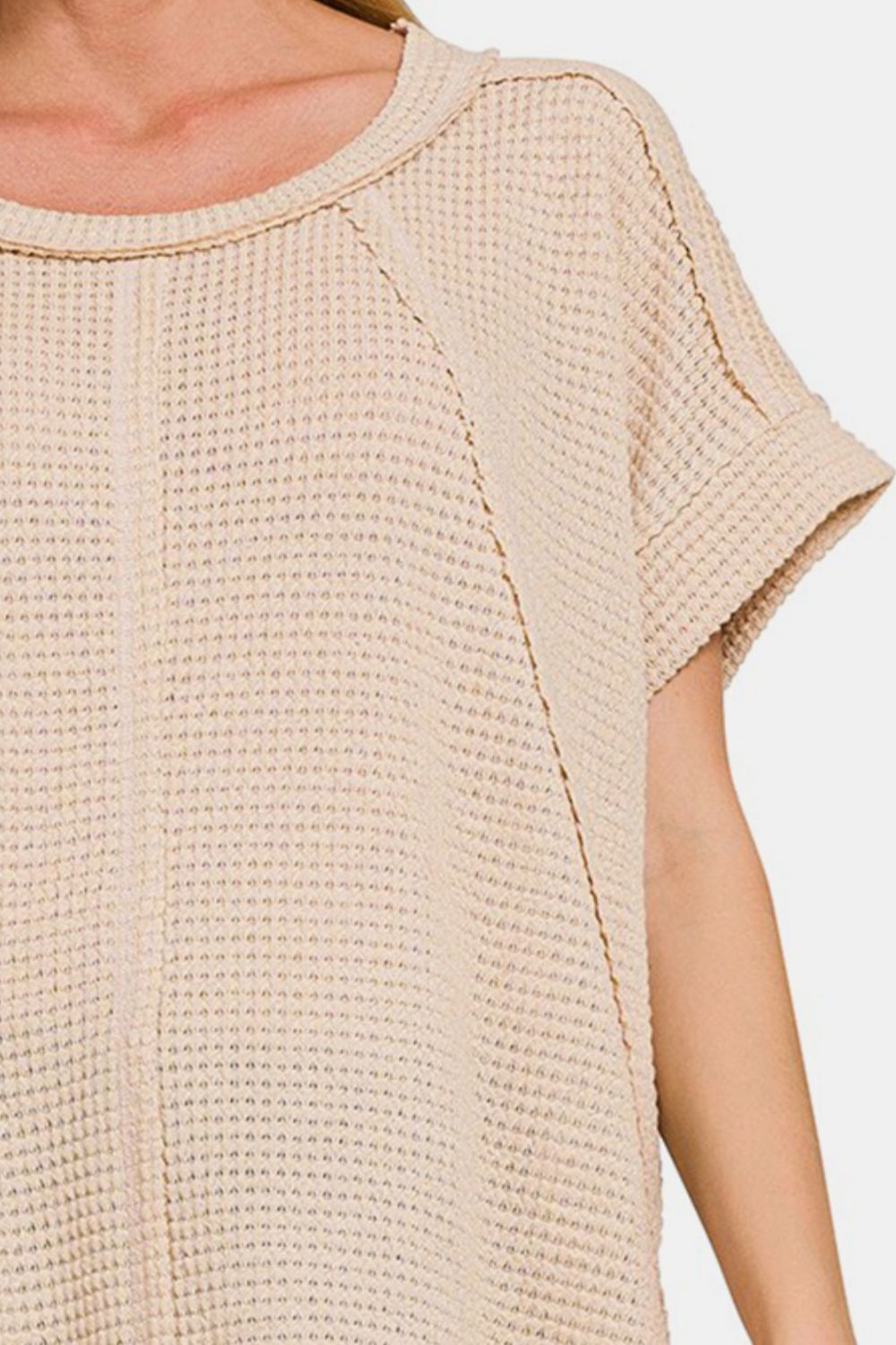 ZenanaWaffle Knit Exposed - Seam Short Sleeve T - Shirt in Beige