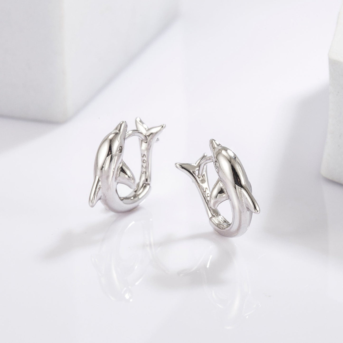 Beach Rose Co.Silver Zircon Dolphin Hoop Earrings