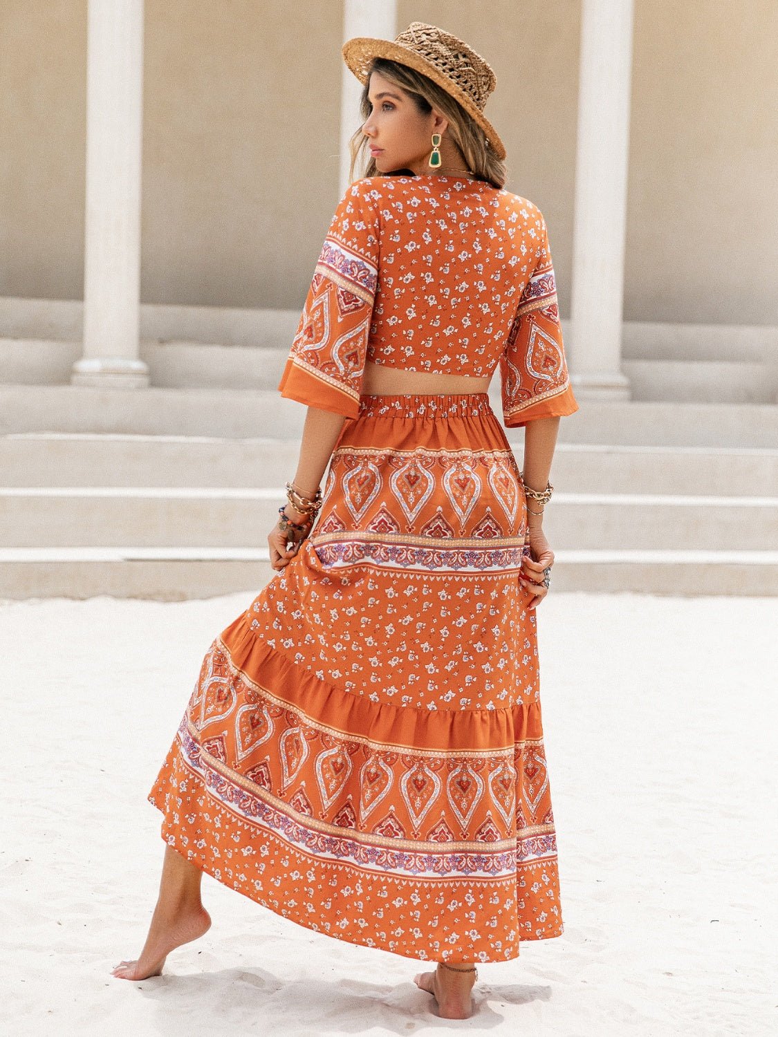 Beach Rose Co.Plunge Neck Crop Top and Maxi Skirt Set in Orange