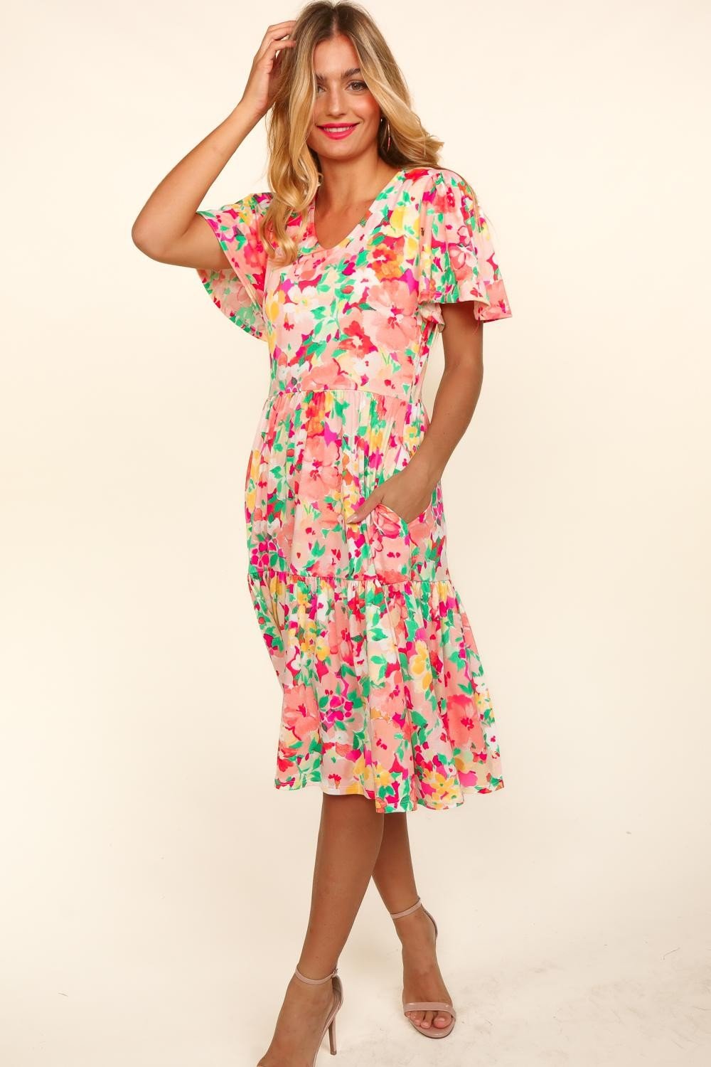 HapticsTiered Floral Midi Dress with Pockets in Fuchsia Peach