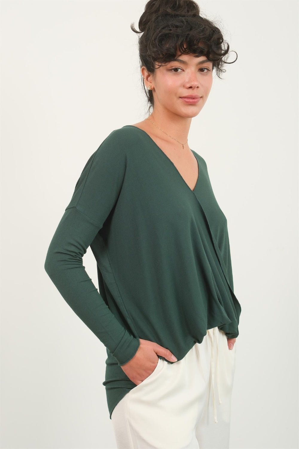 HYFVEDraped Drop Shoulder Long Sleeve Top in Dark Green