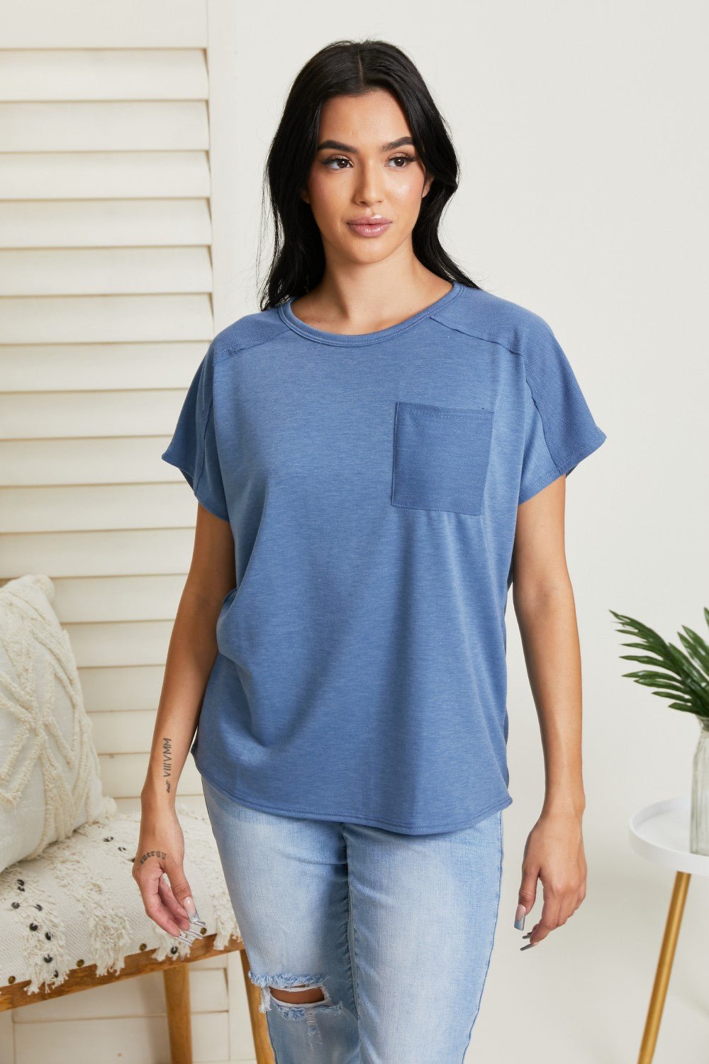 Sew In LoveExposed Seam Crew Neck Short Sleeve T - Shirt in Denim Blue