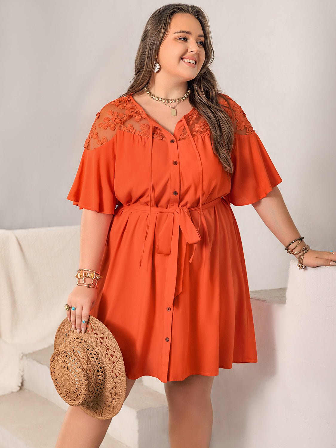 Beach Rose Co.Plus Size Lace Detail Button Up Half Sleeve Mini Dress in Orange