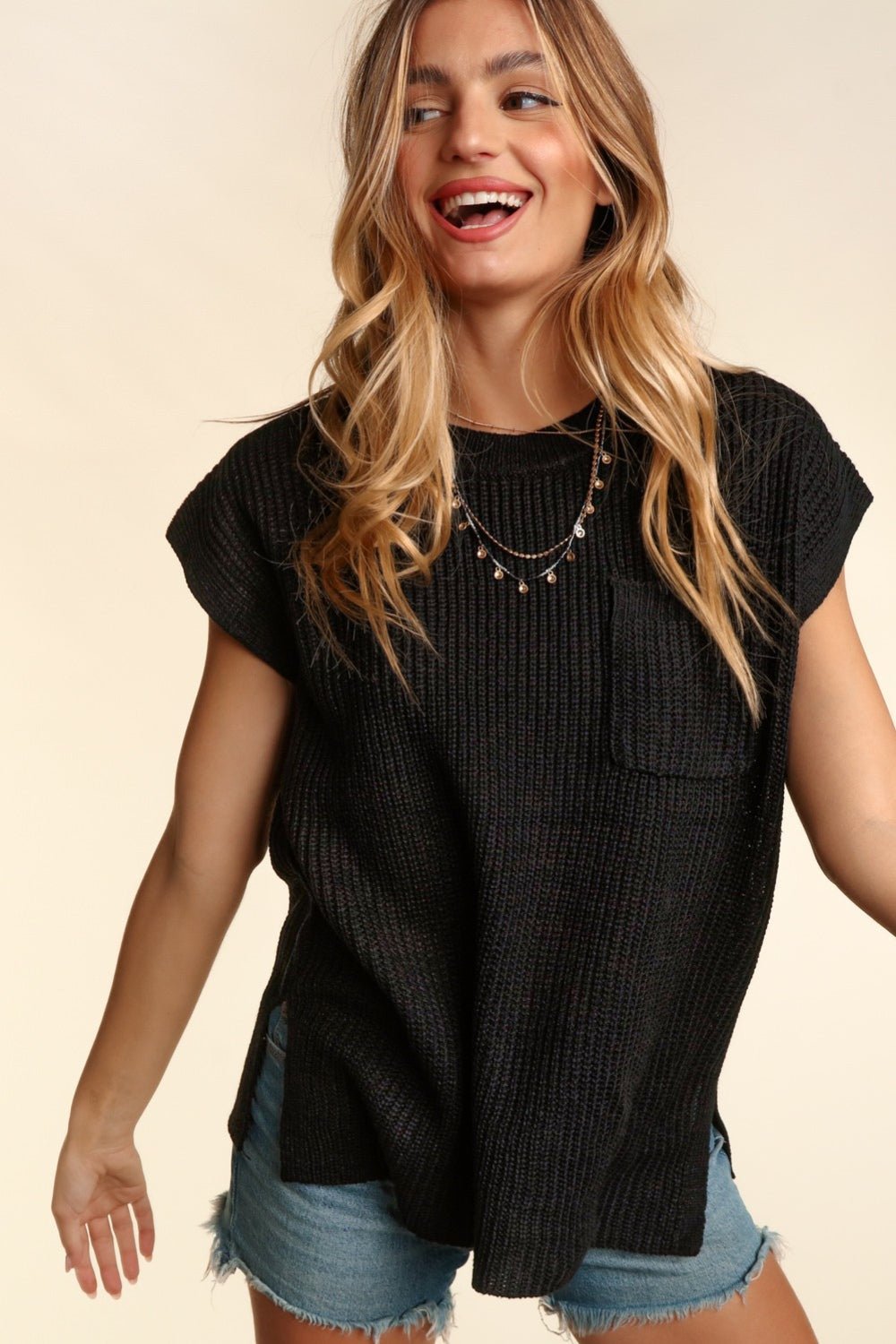 HapticsCap Sleeve Knit Tunic Top in Black