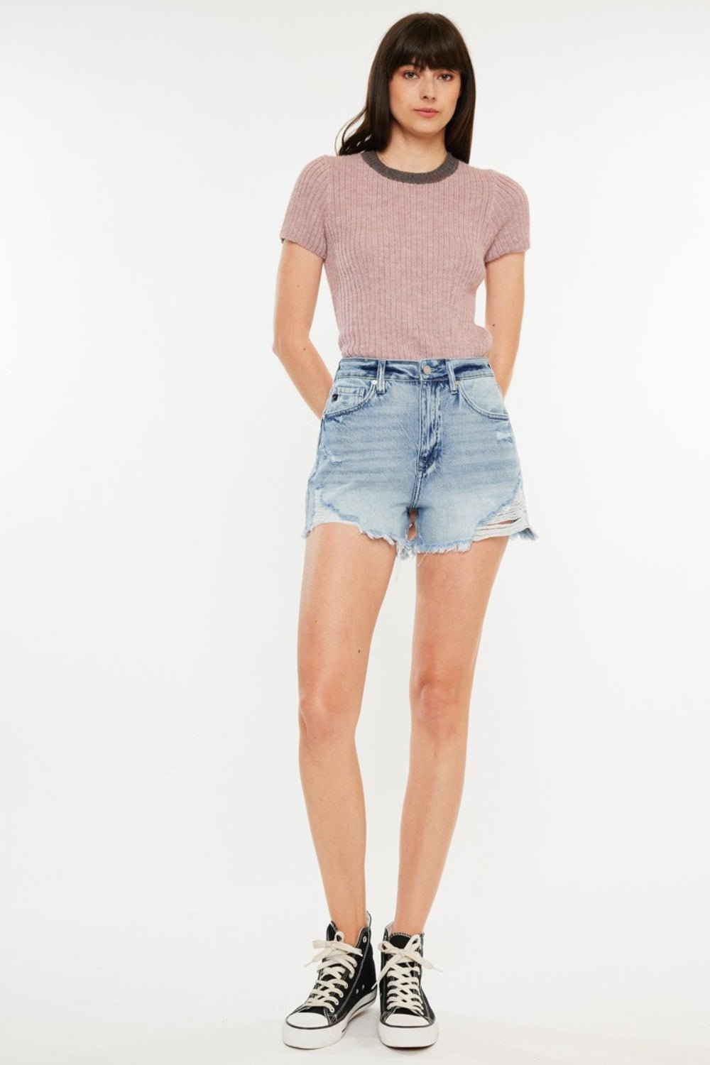 KancanMedium Wash Distressed High Waist Denim Shorts