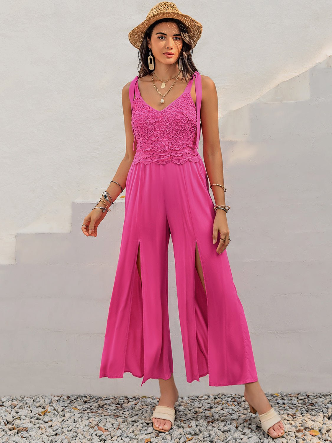 Beach Rose Co.V - Neck Wide Strap Front Slit Jumpsuit in Hot Pink