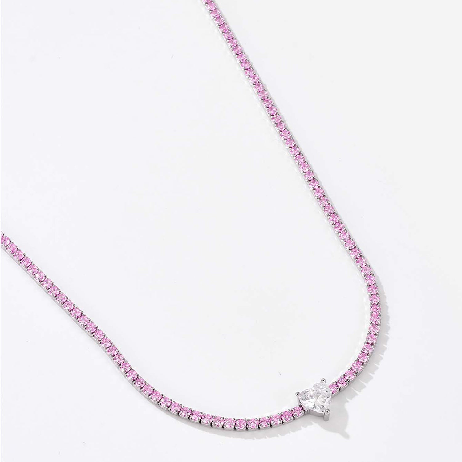 Beach Rose Co.Silver Inlaid Heart Zircon & Pink Rhinestone Necklace