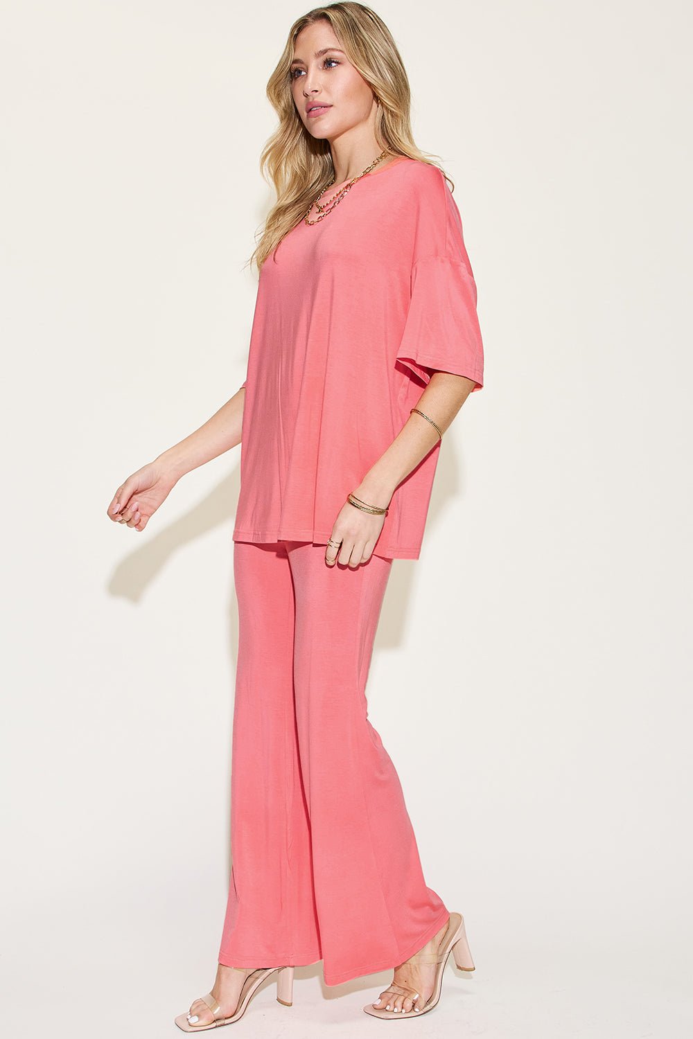 Basic BaeDrop Shoulder T - Shirt and Flare Pants Set