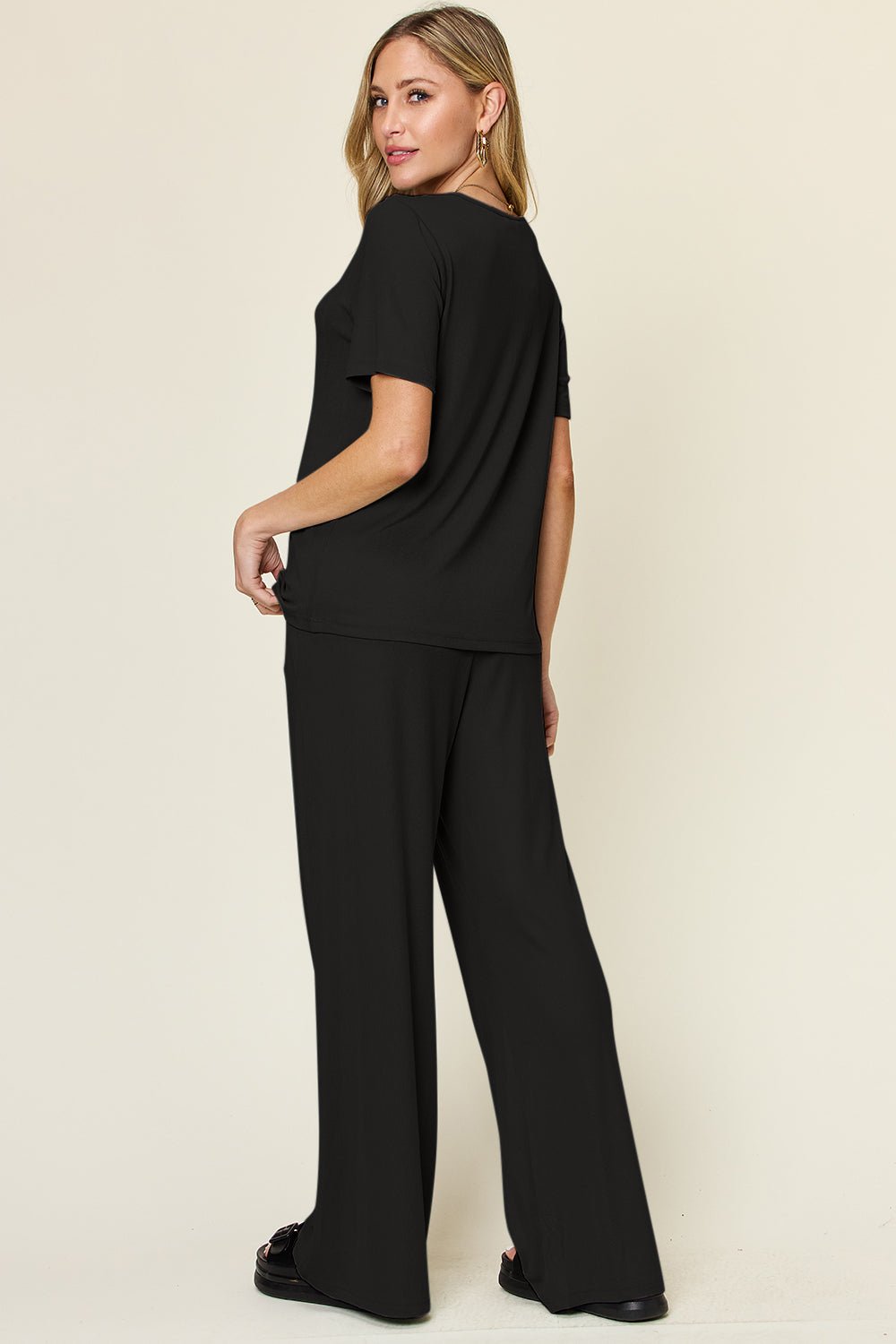 Double TakeCrew Neck Short Sleeve T - Shirt and Wide Leg Pants Set