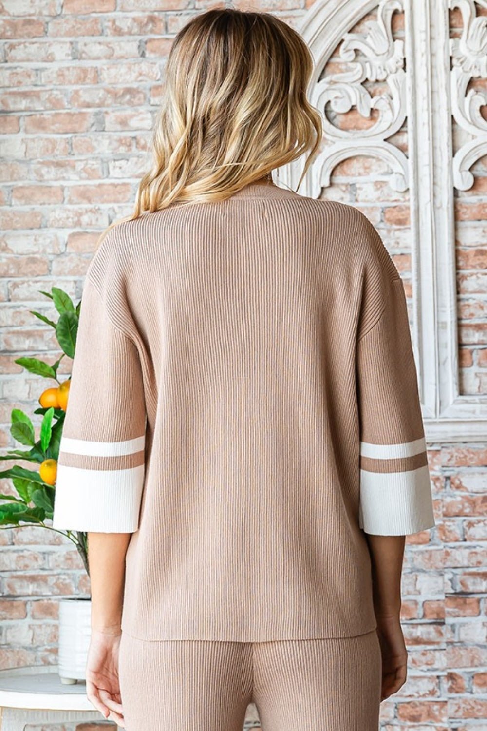 First LoveContrast V - Neck Rib Knit Top in Mocha