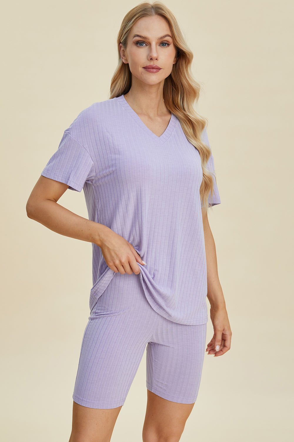 Basic BaeRib Knit V - Neck Short Sleeve Top and Shorts Set