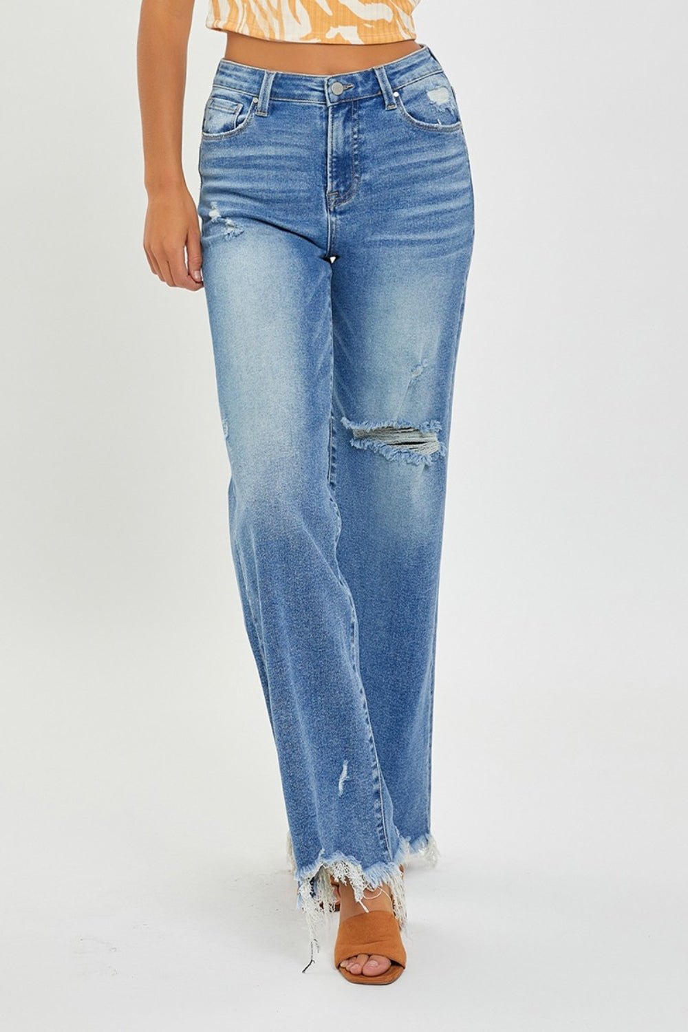 RISENMedium Wash High Rise Frayed Hem Wide Leg Jeans