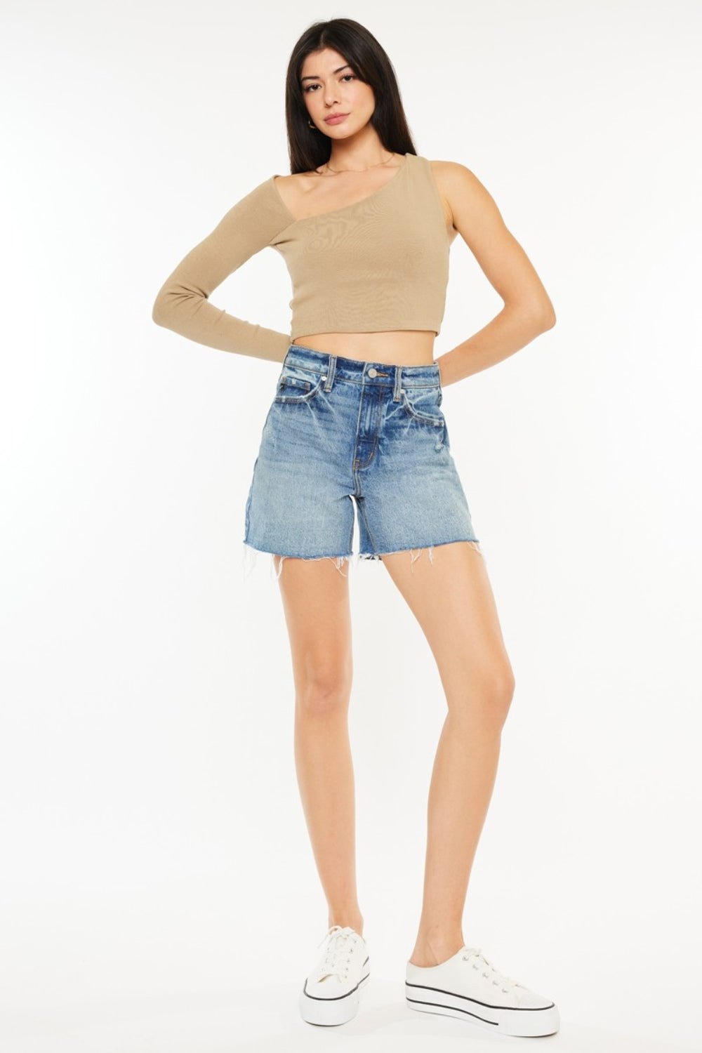 KancanMedium Wash Raw Hem High Waist Denim Shorts