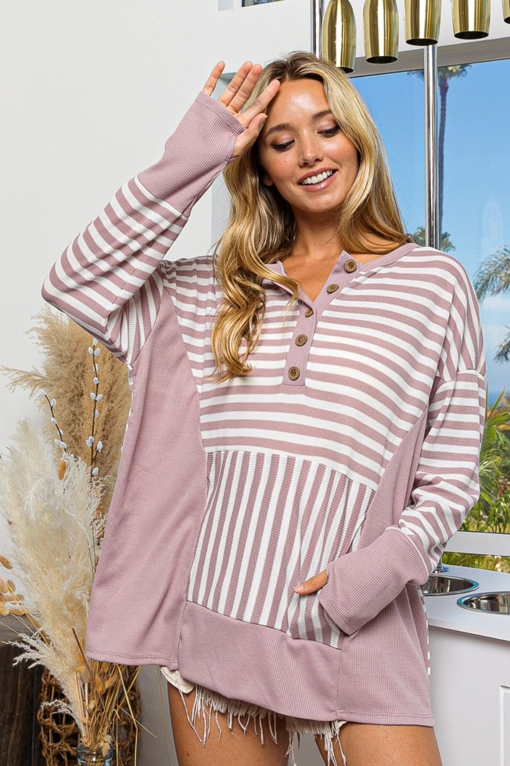 BiBiStriped Thumbhole Sleeve Top in Mauve