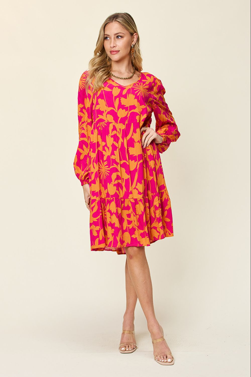 Double TakeFloral Print Ruffle Hem Long Sleeve Knee - Length Dress