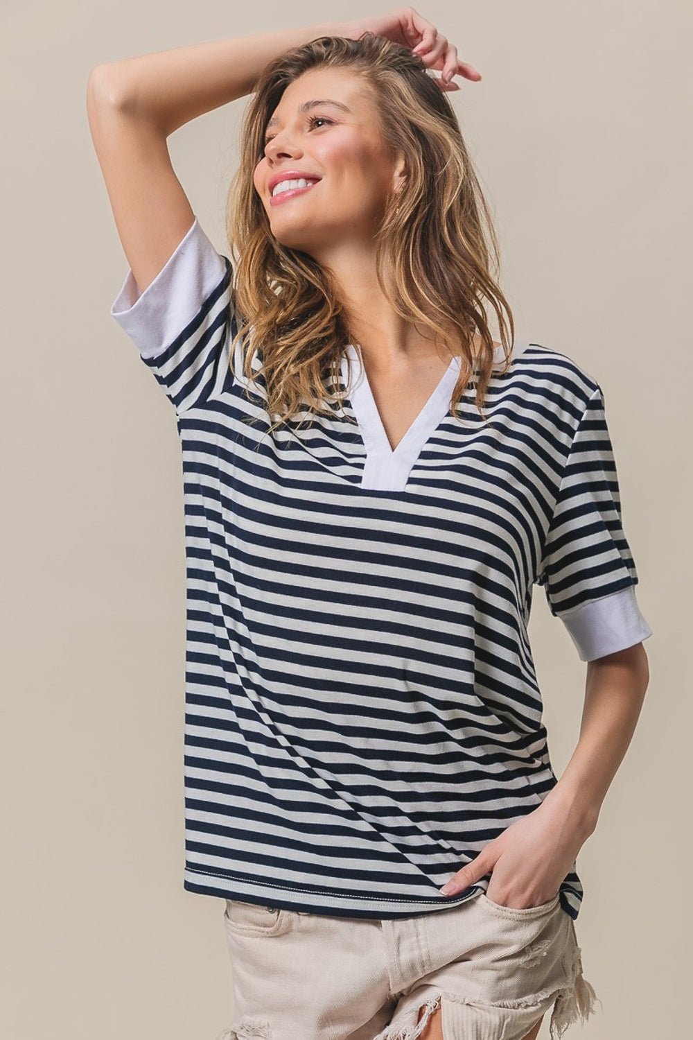 BiBiContrast Stripe Short Sleeve Knit Top in Black Ivory