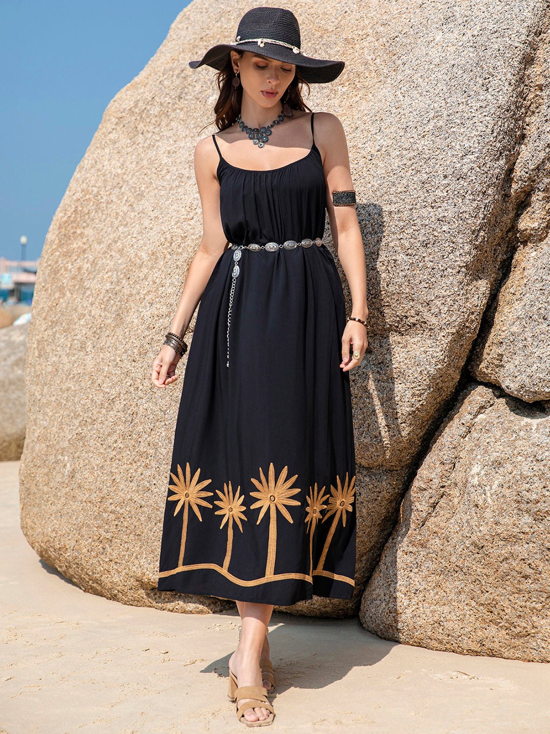 Beach Rose Co.Embroidered Palms Scoop Neck Midi Cami Dress in Black