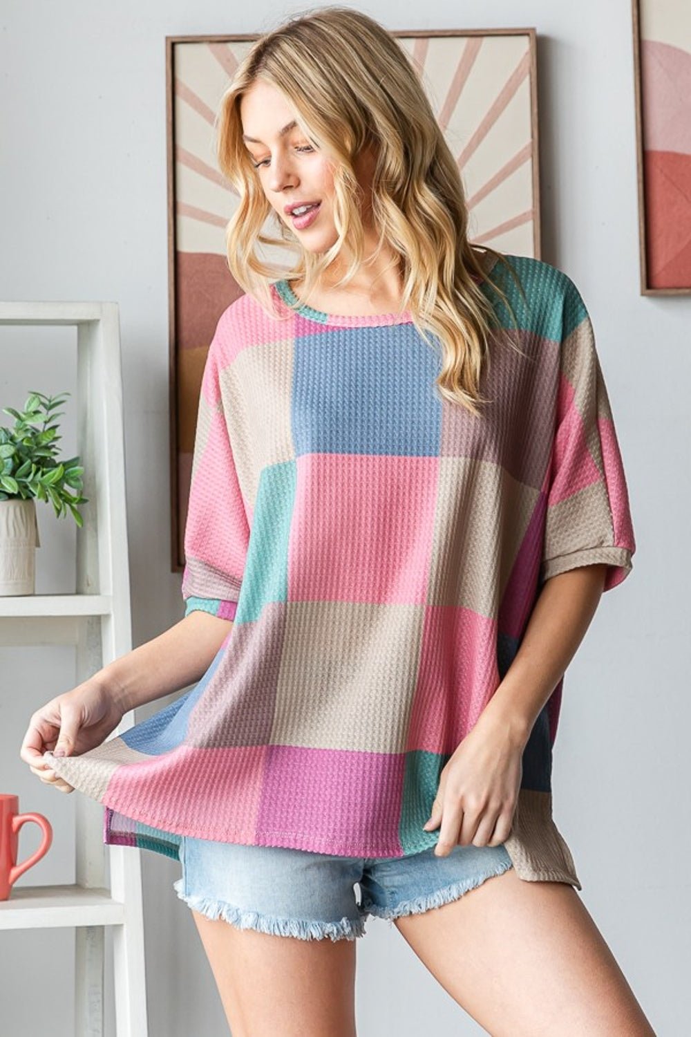 HOPELYCheckered Crew Neck Tunic T - Shirt in Mauve Teal