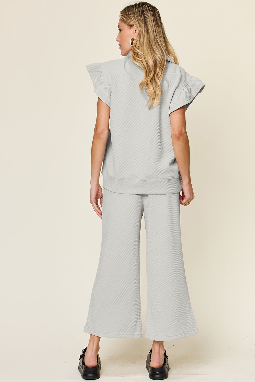 Double TakeTextured Ruffle Short Sleeve Top and Drawstring Wide Leg Pants Set