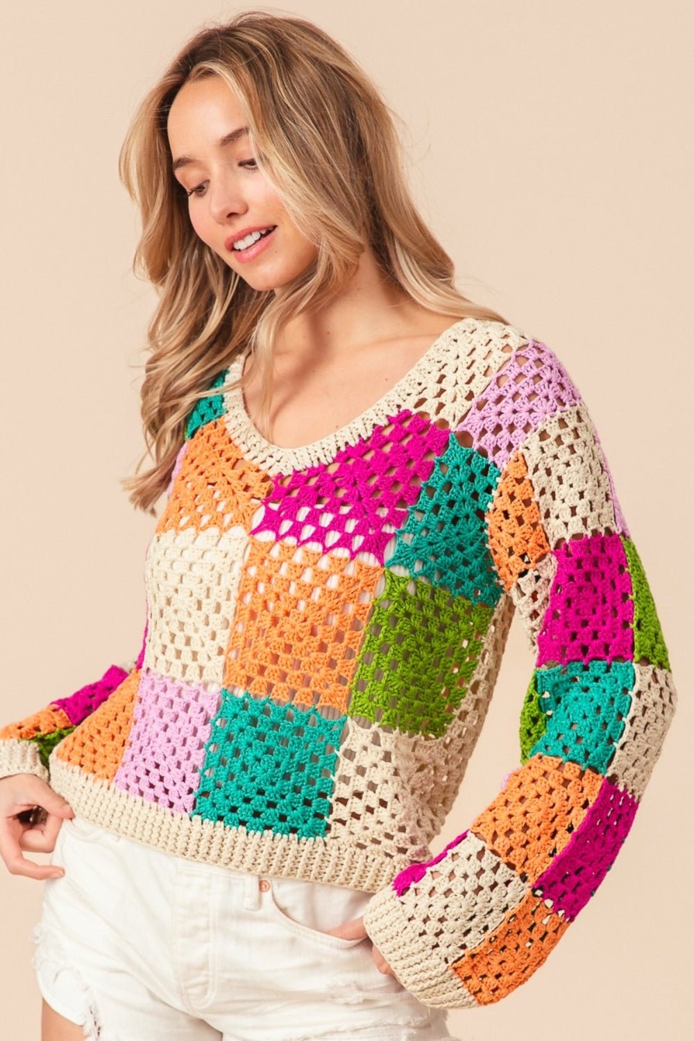 BiBiMulti Color Checkered Long Sleeve Knit Top in Oatmeal