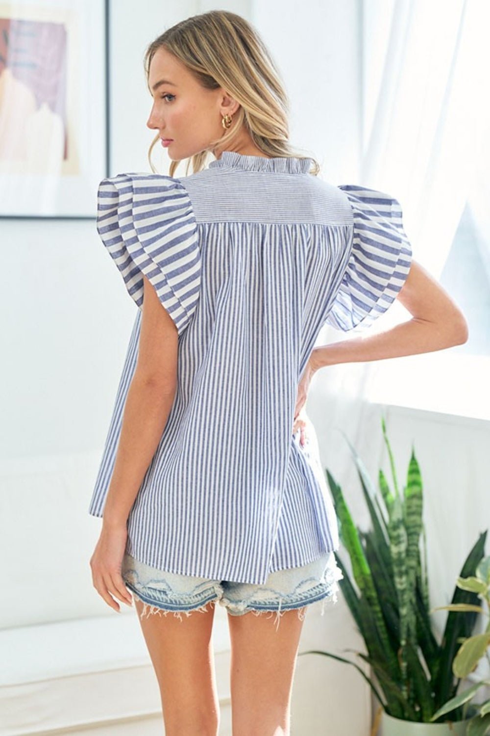 First LoveStriped Flutter Sleeve Blouse in Blue