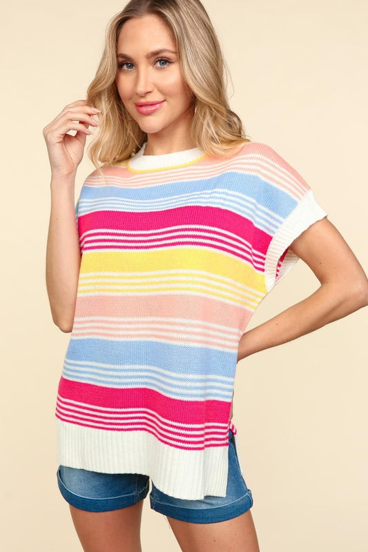 HapticsStriped Short Sleeve Knit Tunic Top in Blue Fuchsia