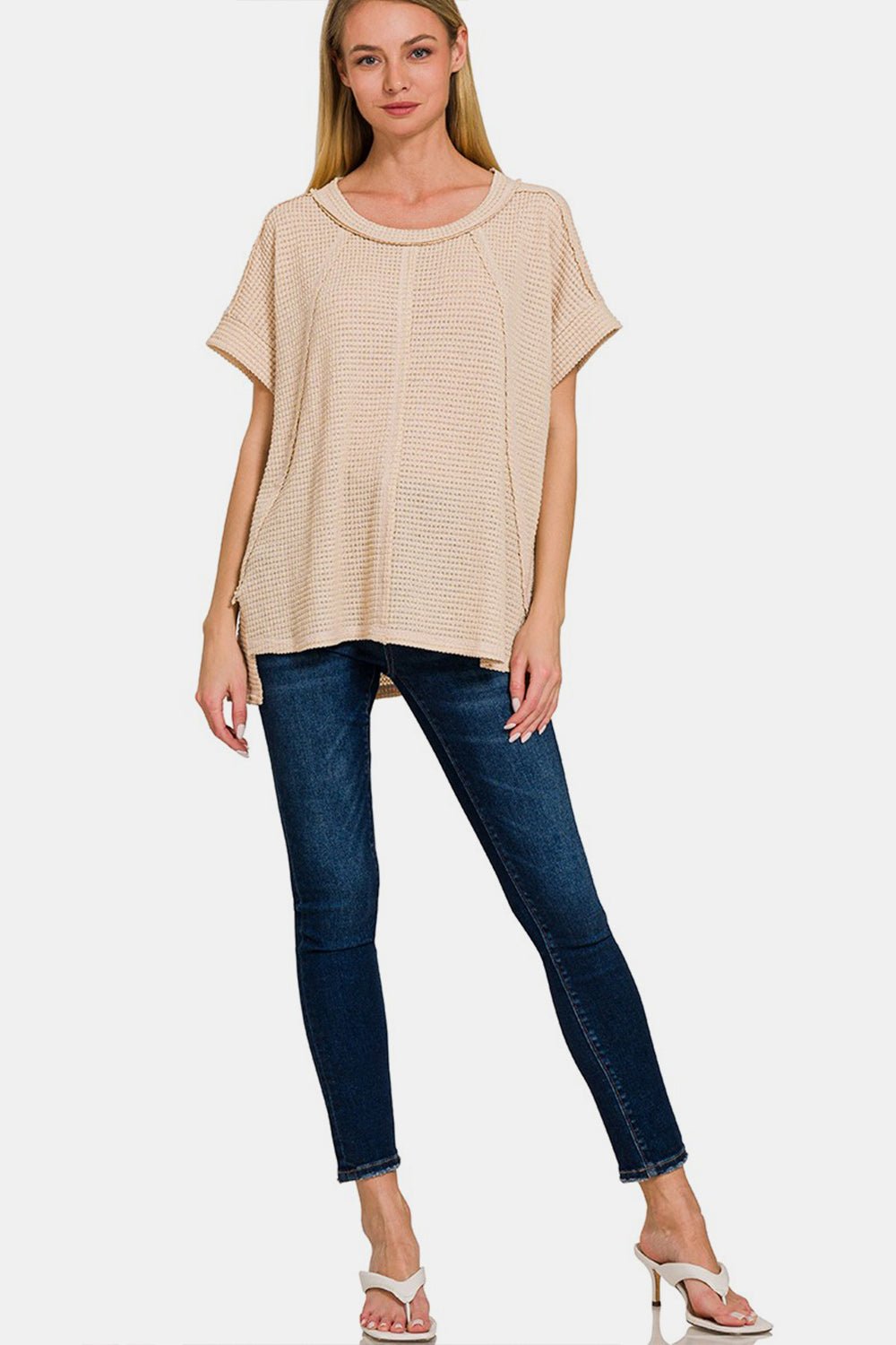 ZenanaWaffle Knit Exposed - Seam Short Sleeve T - Shirt in Beige