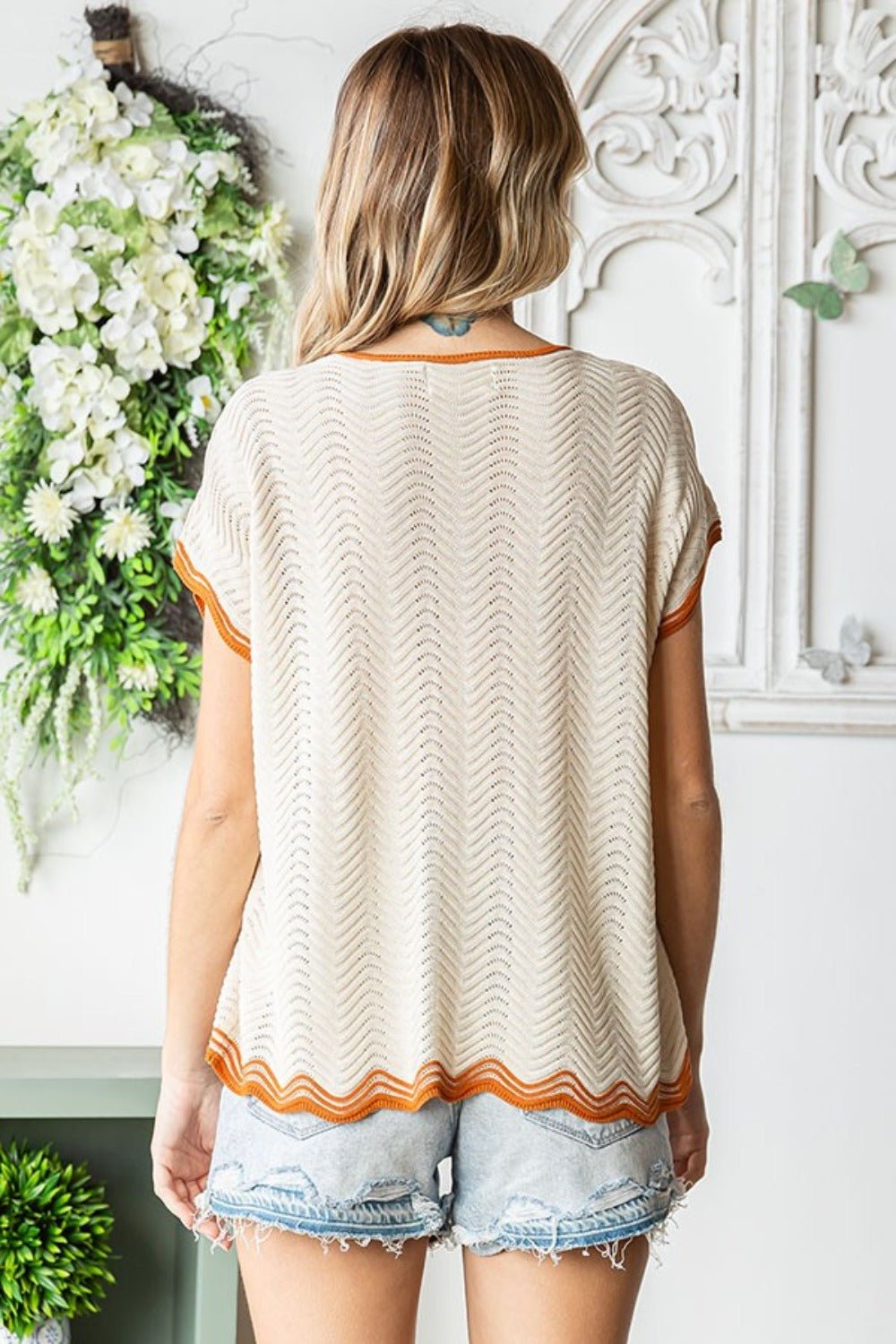 First LoveContrast Trim Crochet Short Sleeve Knit Top in Beige