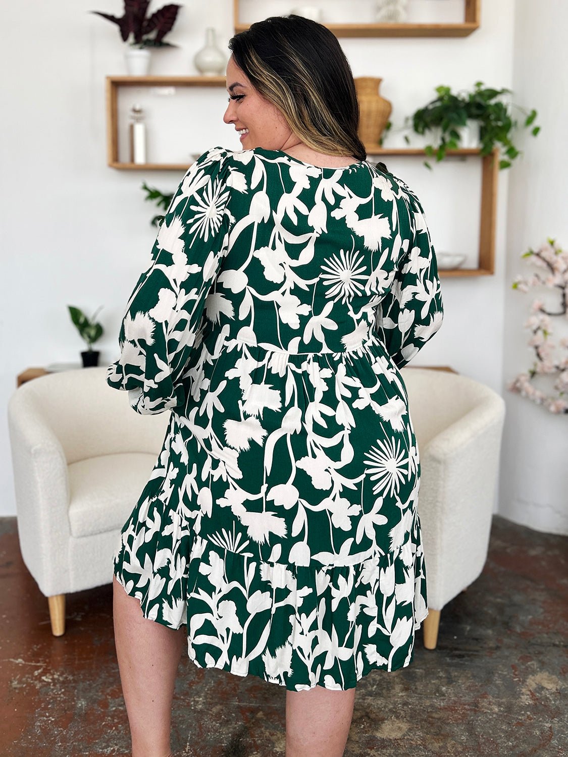 Double TakeFloral Print Ruffle Hem Long Sleeve Knee - Length Dress