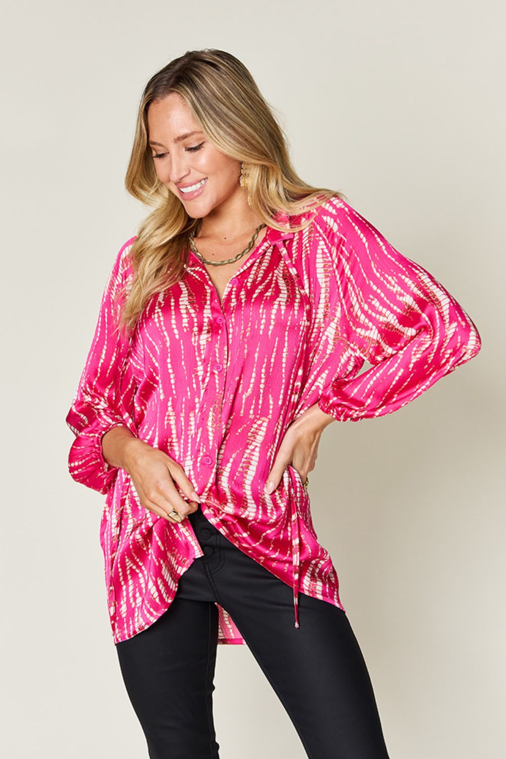 Double TakePrinted Button Up Long Sleeve Shirt