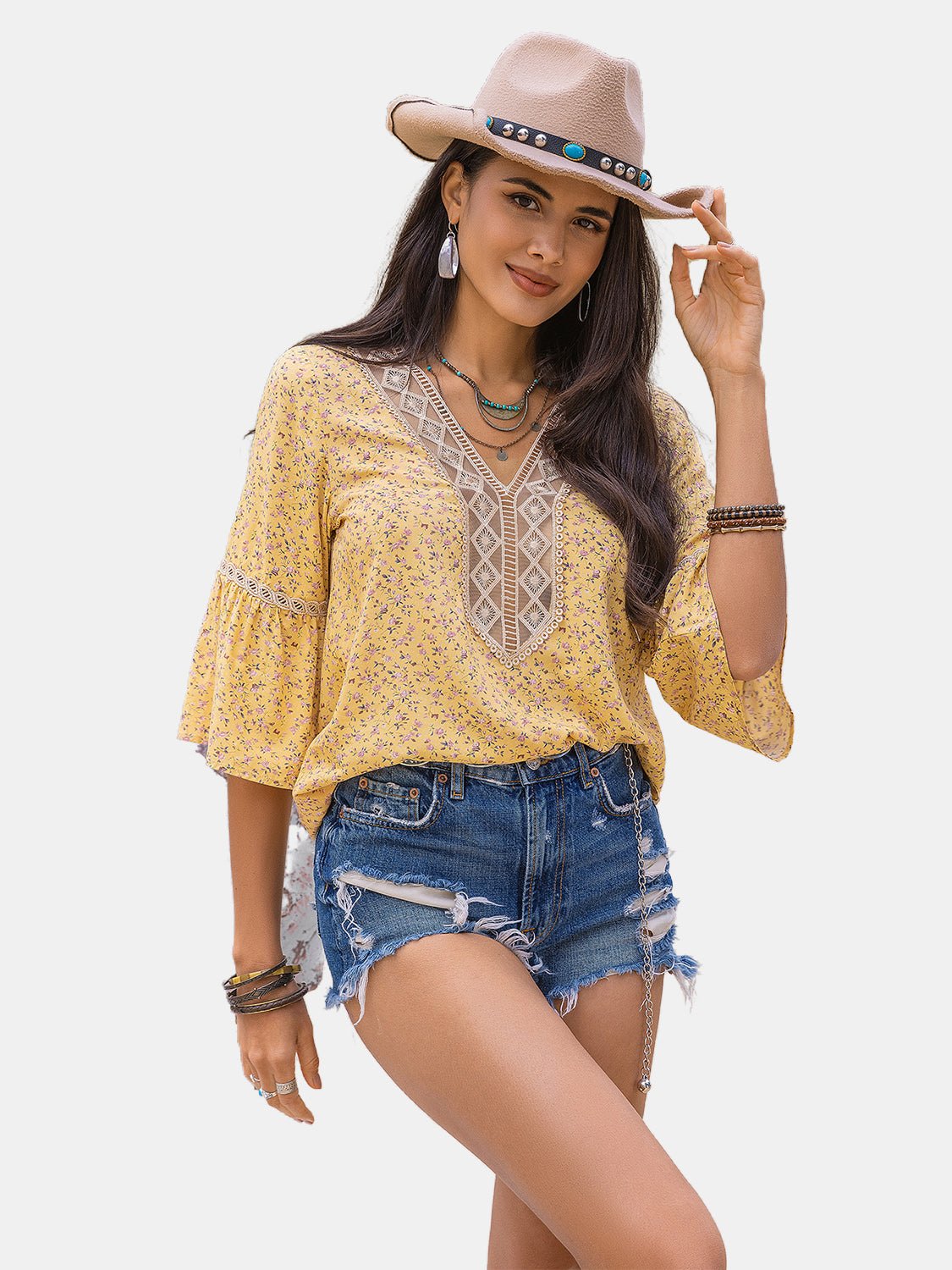 TrendsiDitsy Floral V - Neck Blouse in Pastel Yellow