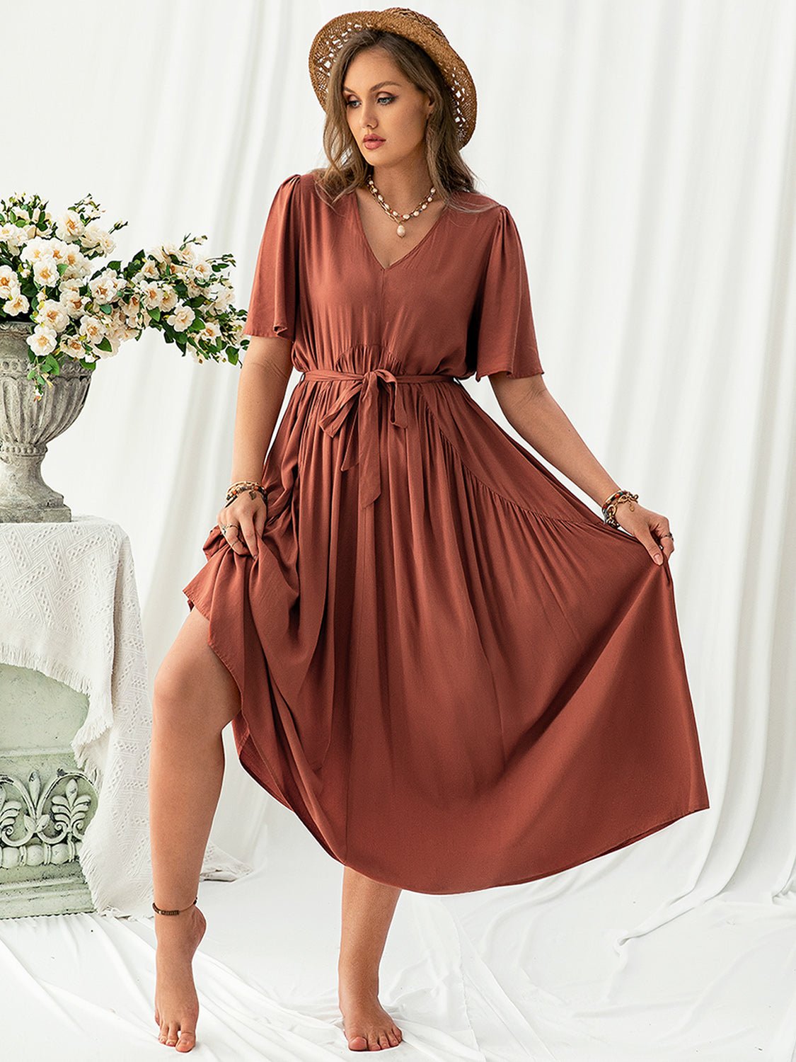 Beach Rose Co.Plus Size V - Neck Flutter Sleeve Midi Dress in Rust