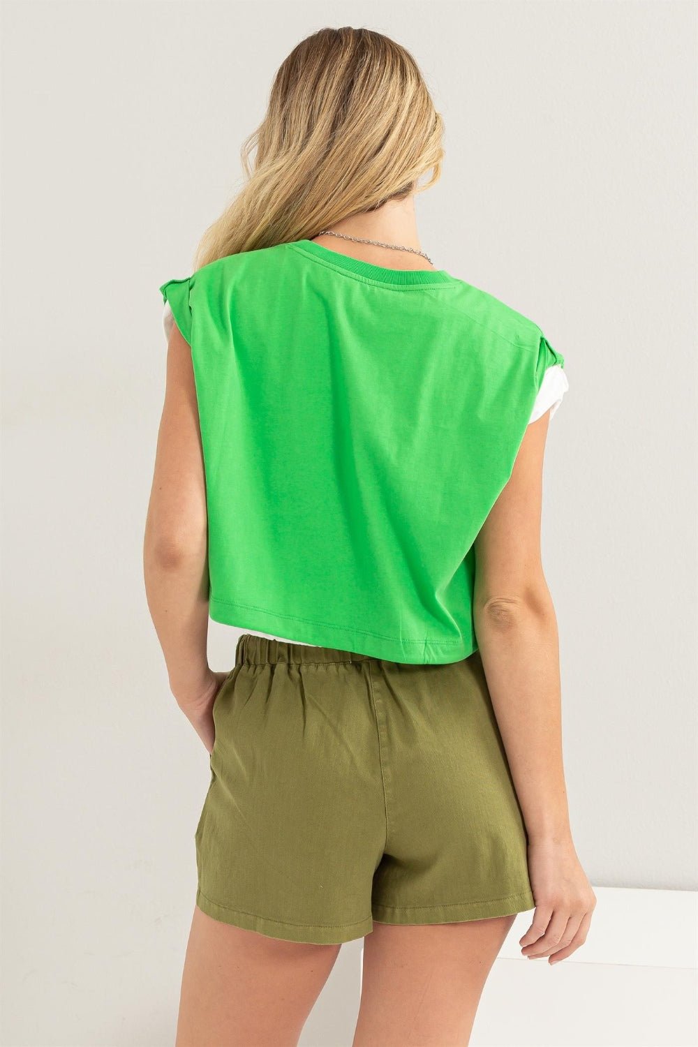 HYFVECap Sleeve Drawstring Hem Crop Top in Green