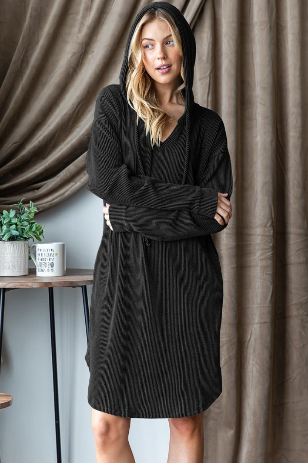 HeimishRib Knit Long Sleeve Hooded Knee - Length Dress in Black