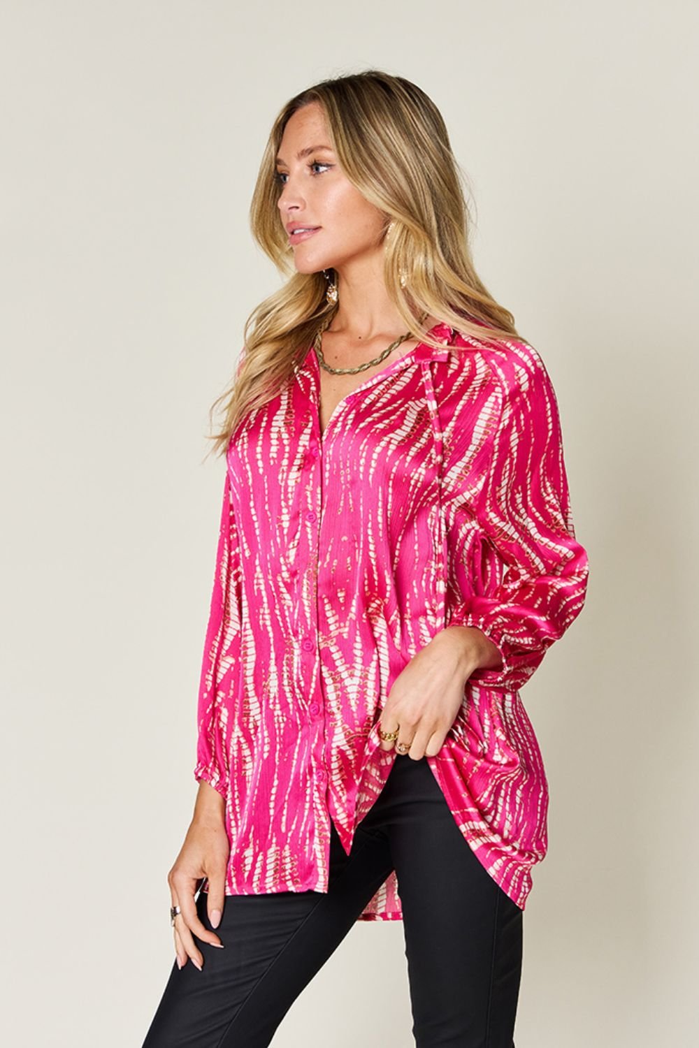 Double TakePrinted Button Up Long Sleeve Shirt